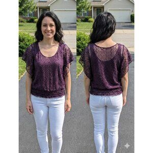 LAVISH Purple Lace Lined Flutter Sleeve Smocked Blouse Top Womens Small S USA
